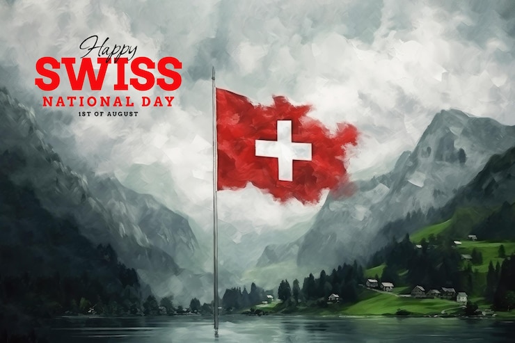 PSD cartel de plantilla del día nacional suizo con fondo de bandera suiza en estilo acuarela