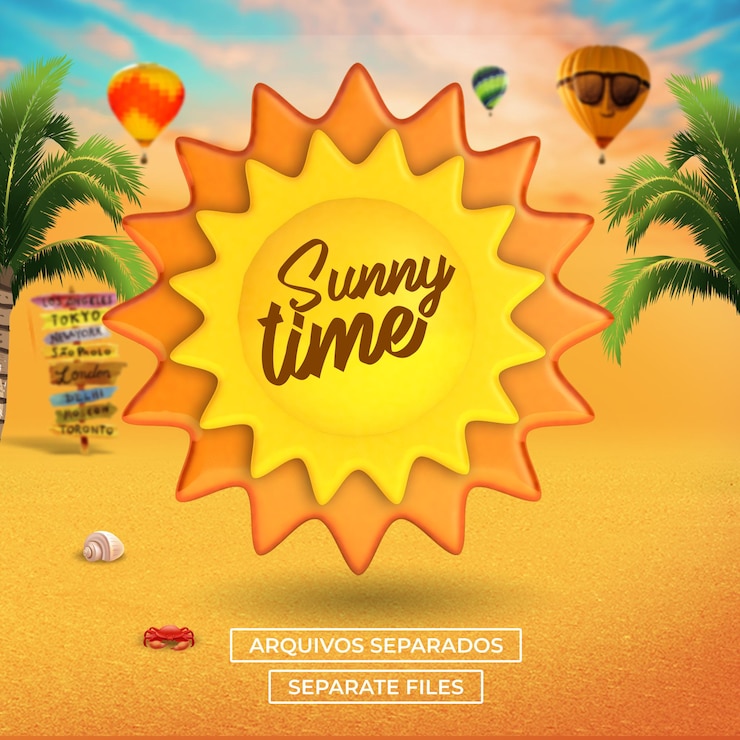 PSD un cartel para una playa con palmeras y un globo de aire caliente en el fondo