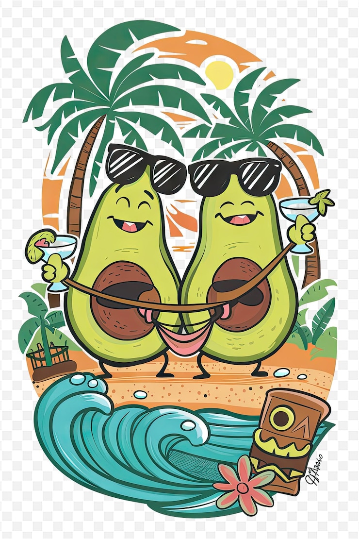 PSD un cartel para una playa tropical con dos kiwis con gafas de sol