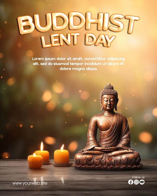Cartel de publicación en redes sociales que saluda el día de cuaresma budista con fondo de estatua de buda