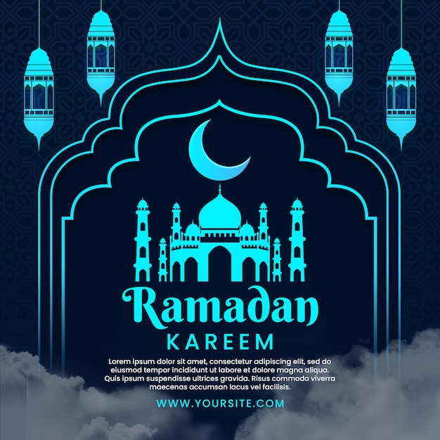 Un cartel para ramadan kareem con un fondo azul y una mezquita y nubes.