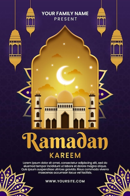 PSD un cartel para ramadan kareem con una mezquita y una luna.