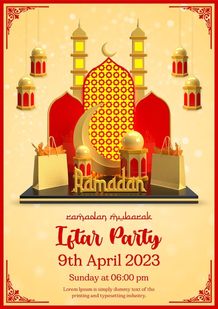 Un cartel para ramadan mubarak con linternas y una luna en el podio.