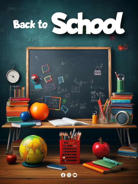 PSD cartel de regreso a la escuela con herramientas escolares cerca de la pizarra como lápices, bolsas de libros