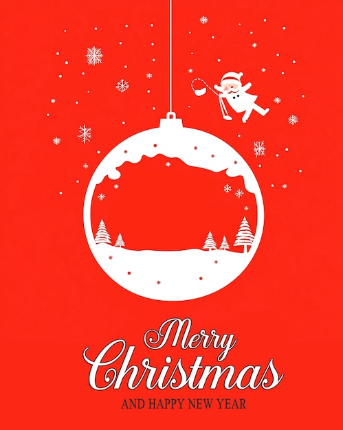 un cartel rojo con un árbol de Navidad y un globo de nieve en él