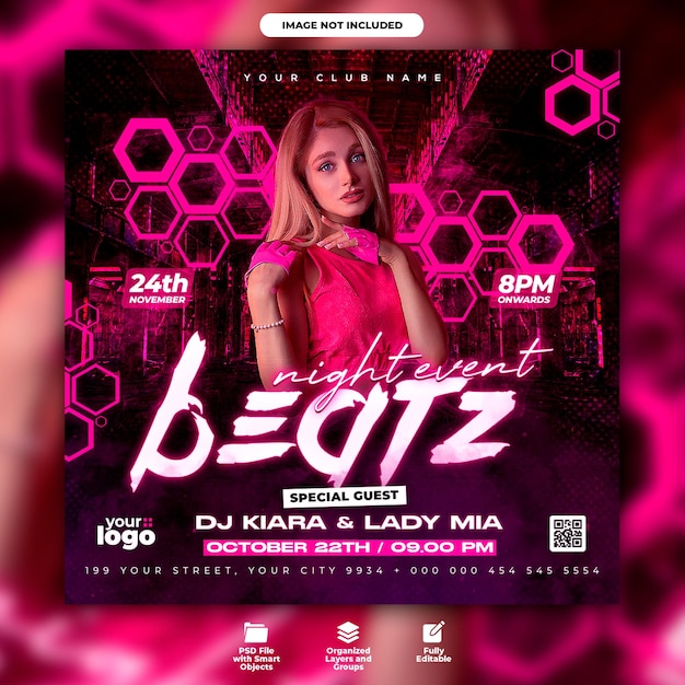 Un cartel rosa para una fiesta djz de vida nocturna.