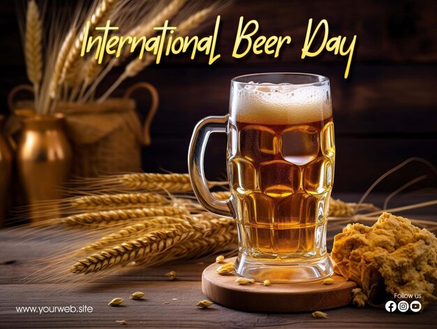 PSD cartel de saludo del día internacional de la cerveza.