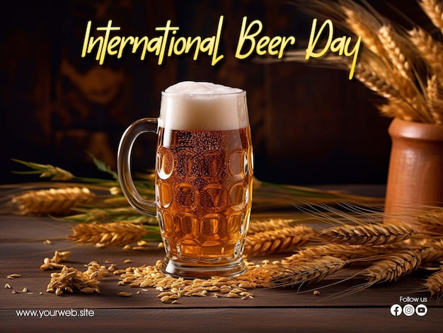 PSD cartel de saludo del día internacional de la cerveza.