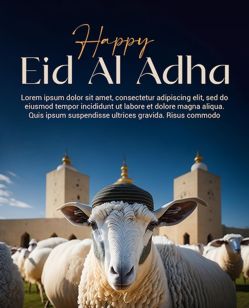 Cartel de saludo de eid al adha con ovejas de moda con gorra musulmana plantilla de cartel de eid ul adha