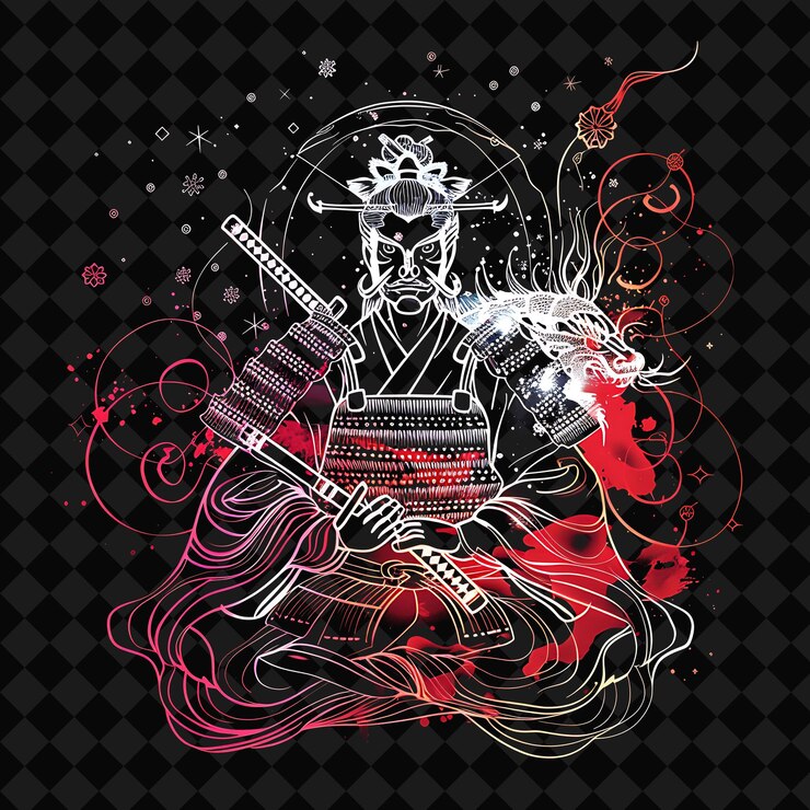 PSD un cartel de un samurai con un fondo rojo y un fondo negro con un fondo rojo y negro
