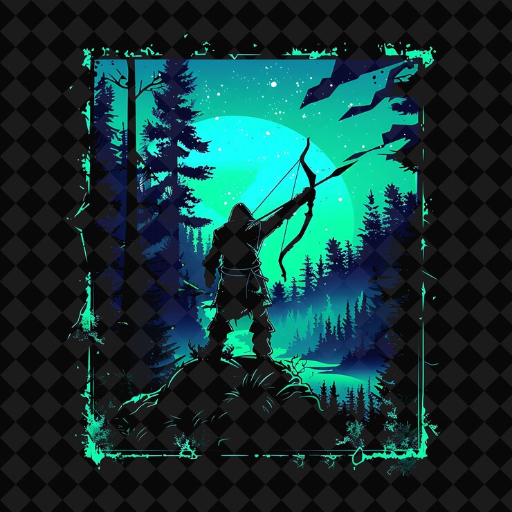PSD un cartel con una silueta de un hombre en un bosque con una luna y estrellas