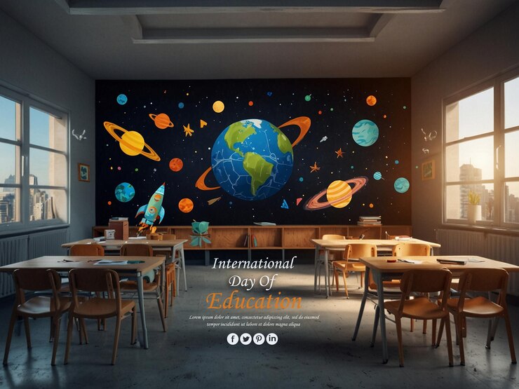 PSD un cartel para el sitio web del mundo en una habitación con un gran mural de planetas y planetas