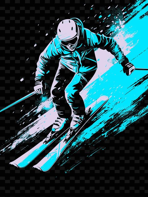 Un cartel de un snowboarder con un fondo azul con una imagen de un esquiador en él