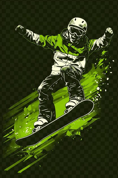 Un cartel de un snowboarder con un fondo verde y un fondo verde con una imagen de un snowboard