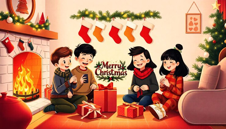 PSD un cartel para una tarjeta de navidad con un grupo de niños sosteniendo regalos