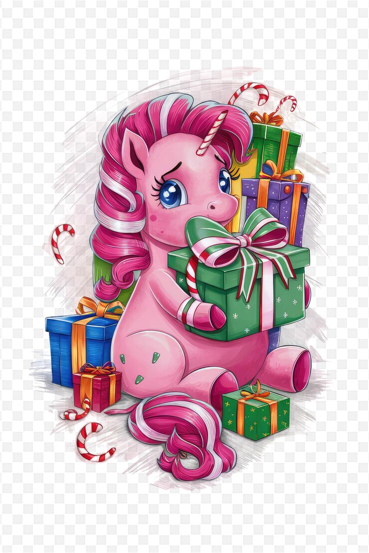 PSD un cartel para un unicornio rosa con un caballo rosa sosteniendo una caja de regalos verde