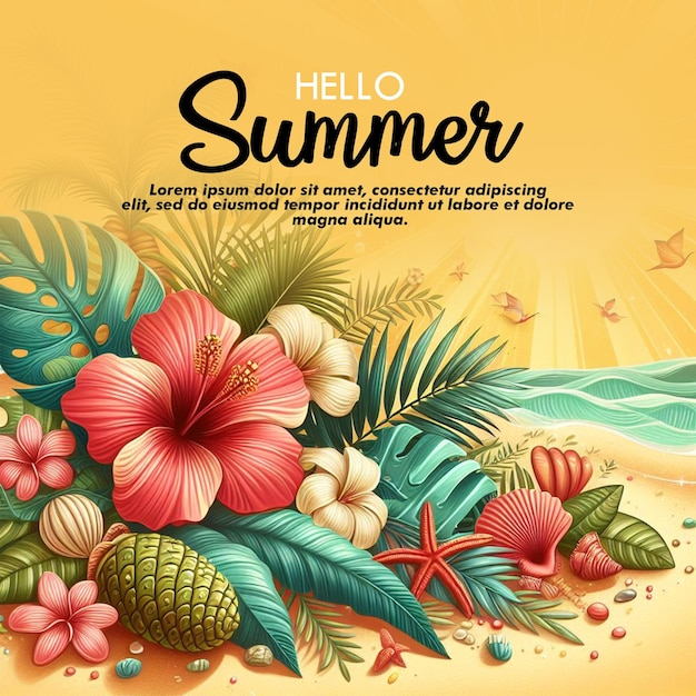 Un cartel para las vacaciones de verano con una escena de playa y palmeraskgroundba