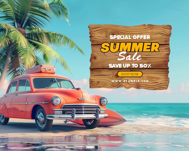 PSD un cartel para unas vacaciones de verano con un paraguas de playa y sillas de playa y un cartel de venta de verano