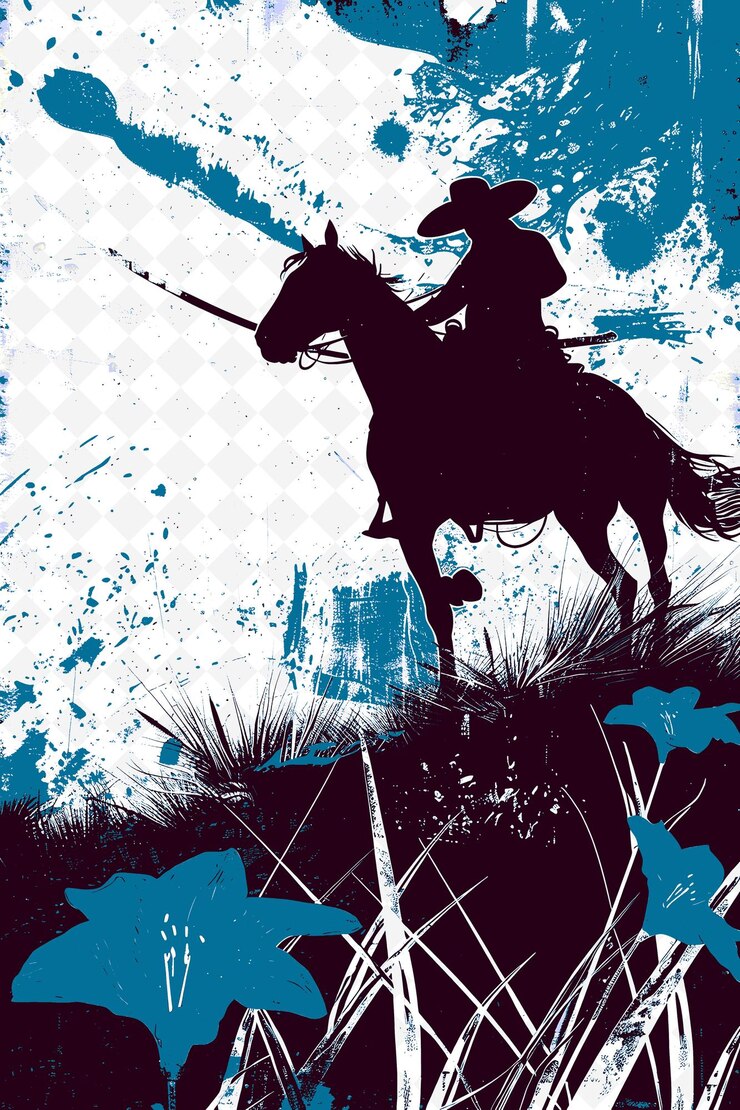 PSD un cartel de un vaquero montando un caballo con una espada en la mano