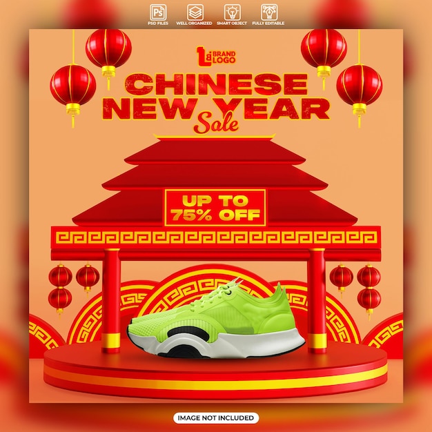 PSD cartel de venta de año nuevo chino con adornos 3d.