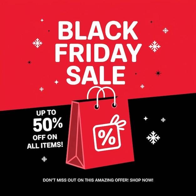 un cartel para la venta de Black Friday con un fondo rojo y una bolsa negra y blanca
