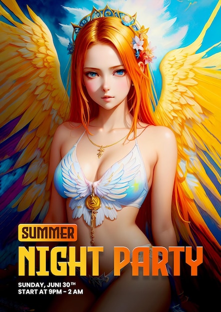 Cartel de verano con fondo de anime con bikini sexy
