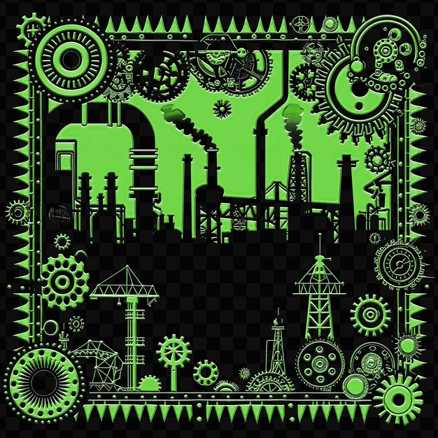 Un cartel verde y negro con un fondo verde con una ciudad en el medio