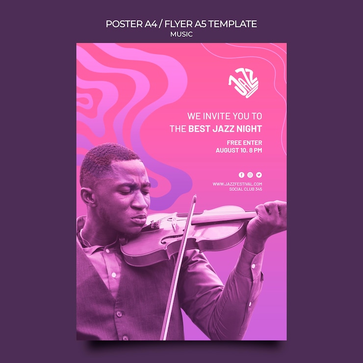 PSD cartel vertical para festival y club de jazz.
