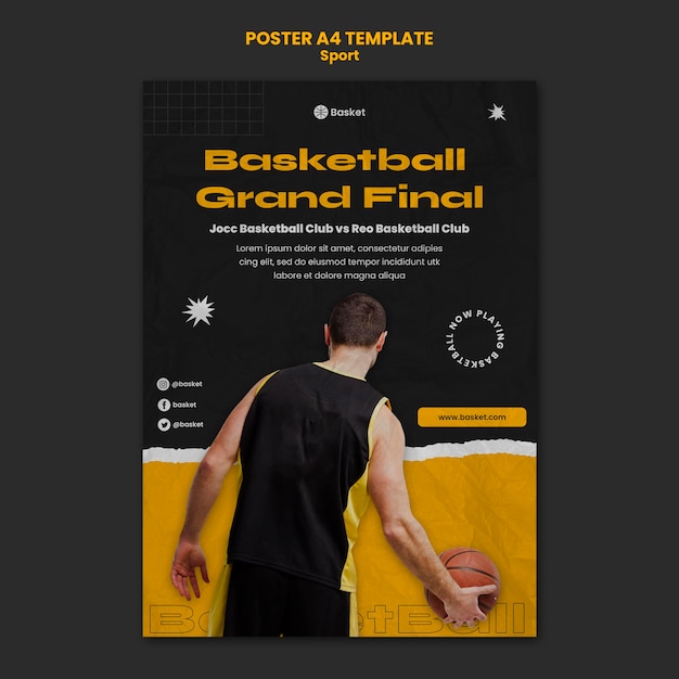 PSD cartel vertical para juego de baloncesto con jugador masculino.