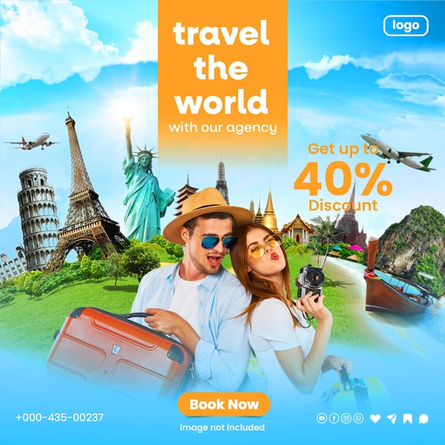 un cartel para viajar por el mundo con una mujer y un hombre