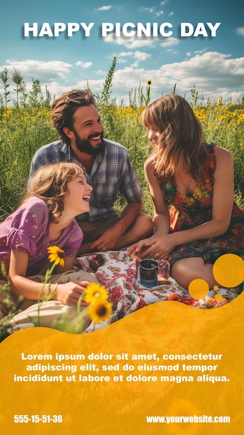 Un cartel de un volante con una familia feliz haciendo un picnic.