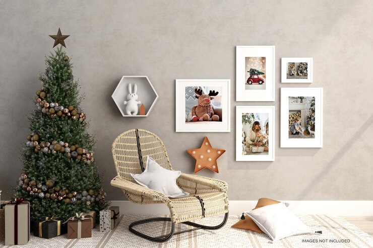 PSD carteles interiores simulados con árbol de navidad.