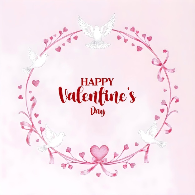 Cartella di auguri per il giorno di San Valentino con colombe bianche cuori rosa e nastri delicati in acquerelli