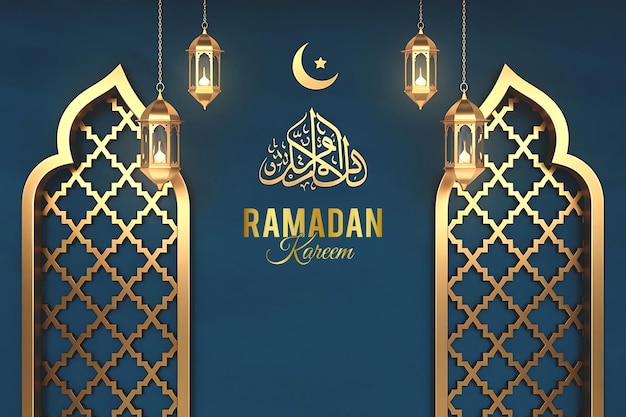 Cartella di auguri Ramadan Kareem con uno sfondo blu scuro