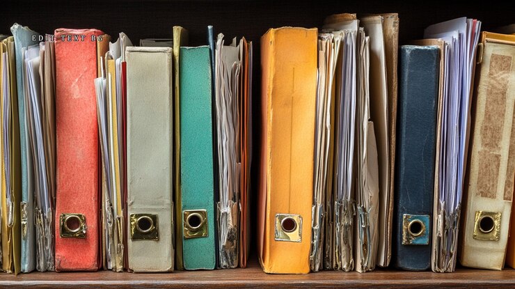 PSD cartelle colorate piene di documenti su uno scaffale