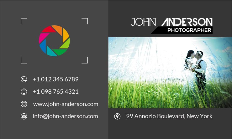 PSD cartellino da visita del fotografo john anderson con i dettagli di contatto e una foto di matrimonio