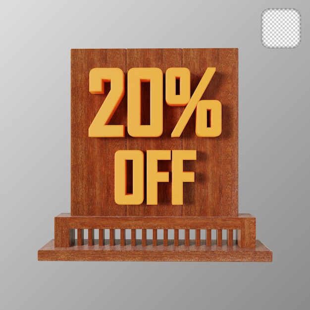 Cartello in legno con sconto del 20% sull'illustrazione 3d