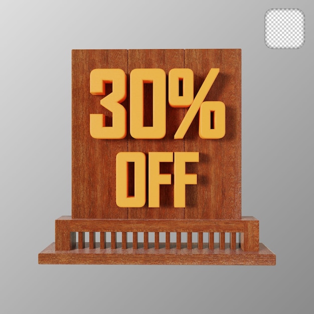 Cartello in legno con sconto del 30% sull'illustrazione 3d
