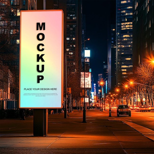cartellone pubblicitario Mockup banner pubblicitario display multimediale su City Street di notte