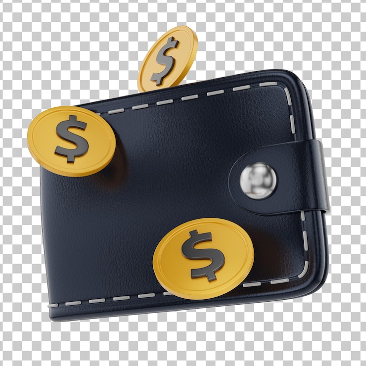 Cartera 3d con monedas de dólar de oro. Ilustración de representación 3d sobre fondo transparente.