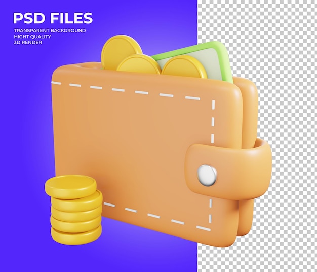 Cartera con dinero en efectivo y monedas 3d ilustración de renderizado simple