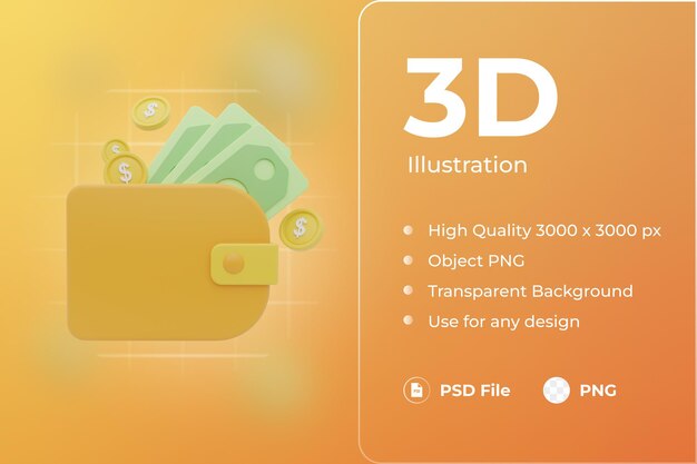 Cartera de icono de finanzas 3d con dólares y monedas