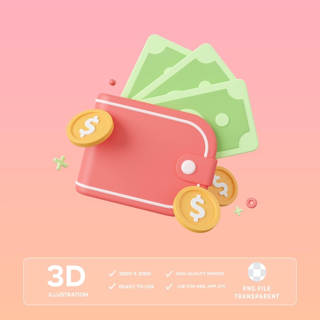 Cartera PSD con dinero Ilustración en 3D