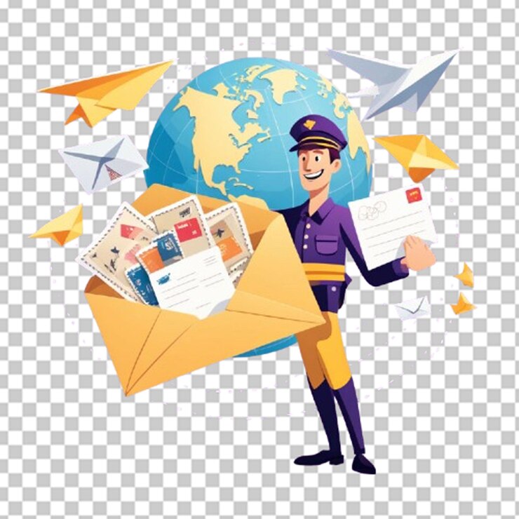 un cartero llevando un globo con un hombre llevando un mundo y un avión volando a su alrededor