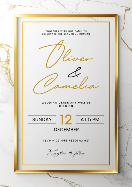 PSD des cartes d'invitation de mariage de luxe avec une texture de marbre doré et un modèle de conception vectorielle de motif géométrique