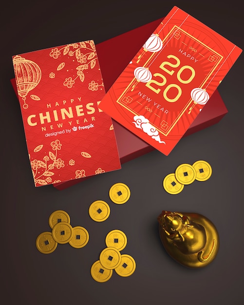 PSD cartes de voeux sur la table pour le nouvel an chinois