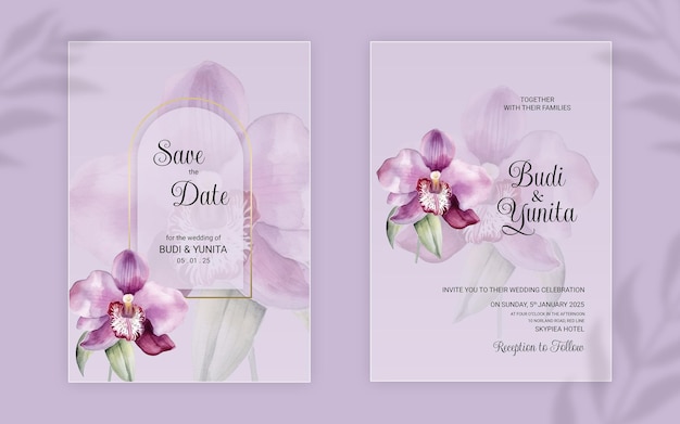 Cartões de convite de casamento em aquarela com lindas flores de orquídea