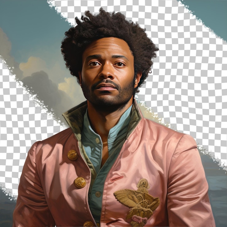 PSD cartógrafo afro-americano de cabelos pervertidos compassivo, elegante, de olhar suave, pose em azul pastel