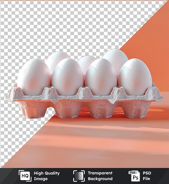 PSD un cartón de huevos transparente lleno de huevos blancos en una mesa rosa contra una pared naranja