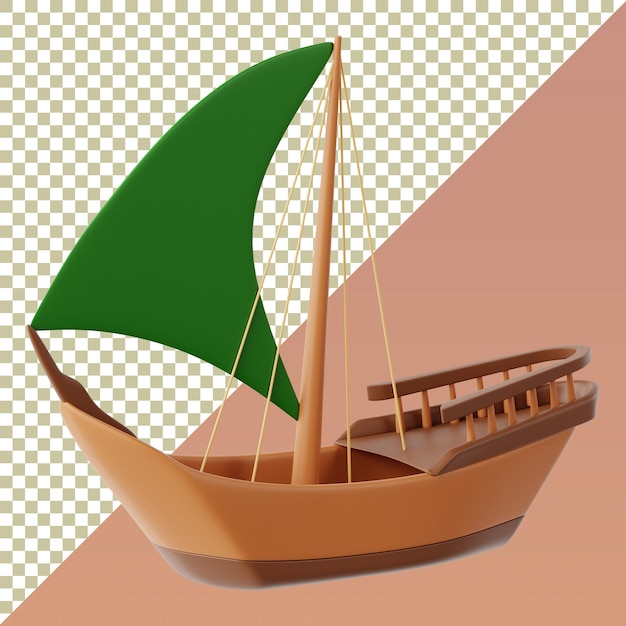 Cartone animato 3D barca a vela in legno su sfondo isolato e trasparente